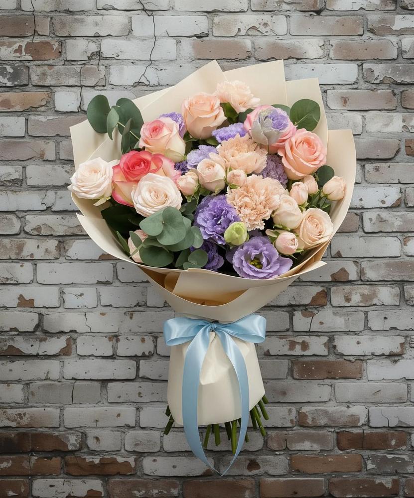 Букет цветов из: Розы, Лизиантусы и Гвоздики в Гусь-Железном